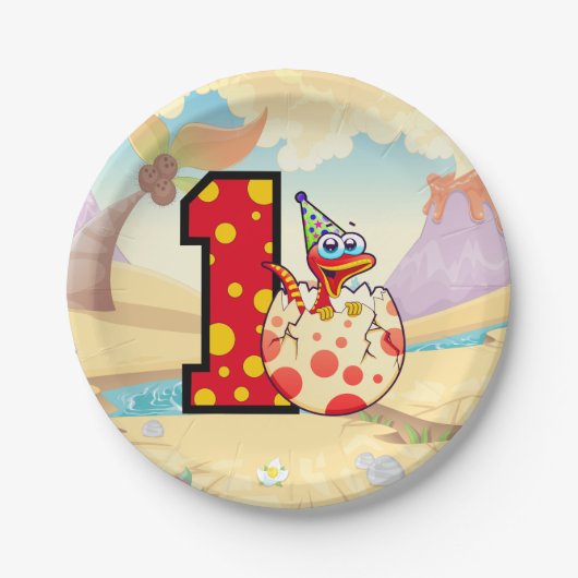 Assiettes En Carton Dinosaur 1er anniversaire fête (Devant)