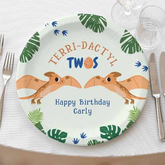 Assiettes En Carton Dinosaur 2e anniversaire Funny Green Pterodactyle