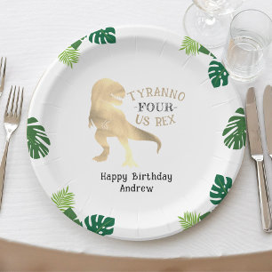 Assiettes En Carton Dinosaur 4e fête d'anniversaire Gold Tyrannosaurus