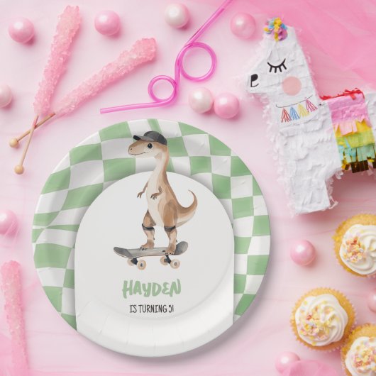 Assiettes En Carton Dinosaur Anniversaire Retro T Rex À damiers (Fête)