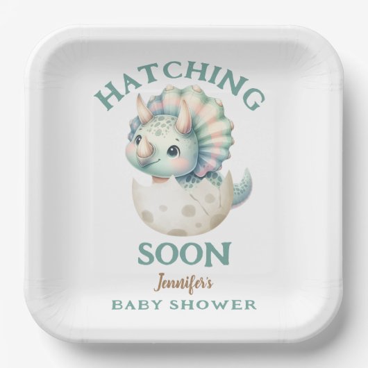 Assiettes En Carton Dinosaur Baby shower fille Tricératops Dino rose (Recto)