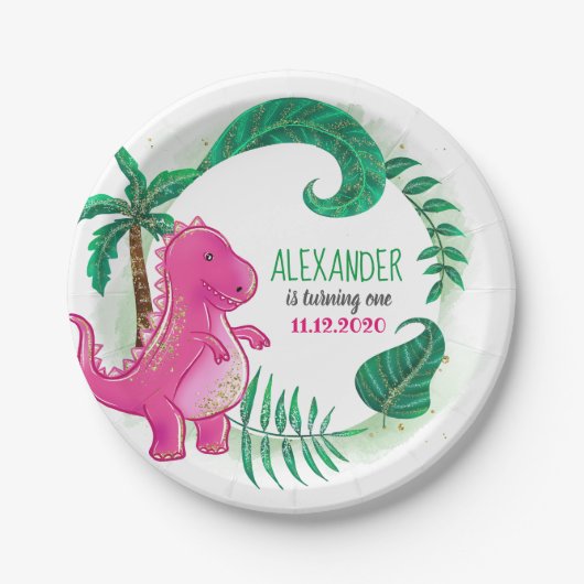 Assiettes En Carton Dinosaur fête d'anniversaire | Pink Trex Dino (Devant)