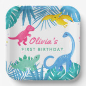 Assiettes En Carton Dinosaur fille 1er anniversaire coloré (Recto)