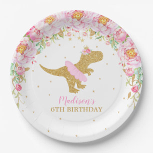 Assiettes En Carton Dinosaur Floral Anniversaire Fête Pink Tutu T-Rex