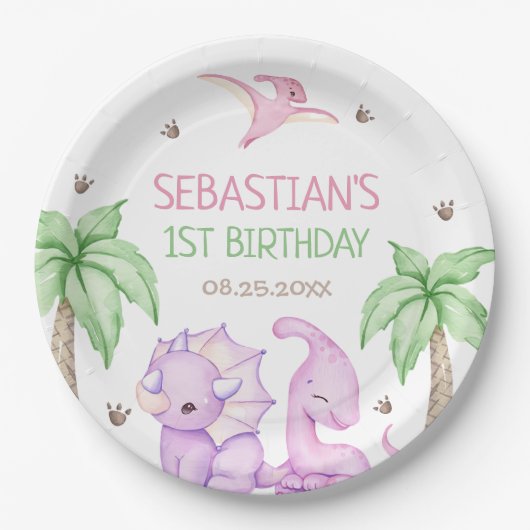 Assiettes En Carton Dinosaur One-A-Saurus Fille 1er anniversaire (Devant)