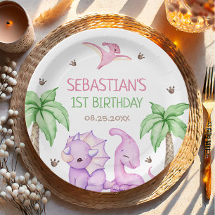 Assiettes En Carton Dinosaur One-A-Saurus Fille 1er anniversaire