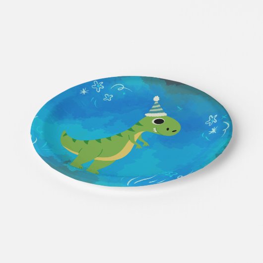 Assiettes En Carton Dinosaur Party Plaque bleue (Angle)