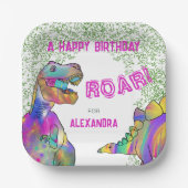 Assiettes En Carton Dinosaur T-Rex fête d'anniversaire rose (Recto)