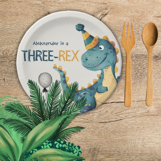 Assiettes En Carton Dinosaur Trex Trois Rex 3e fête d'anniversaire