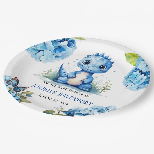 Assiettes En Carton Dinosaure Bleu mignon avec Baby shower garçon Flor (Angle)
