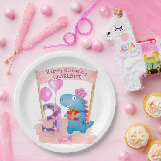 Assiettes En Carton Dinosaure Cute Girly 3 ans Anniversaire (Fête)