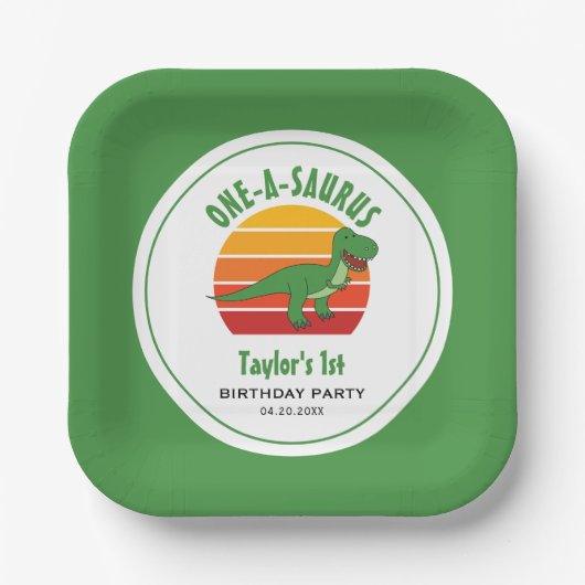 Assiettes En Carton Dinosaure One-A-Saurus Genre Neutre 1er Anniversai (Recto)