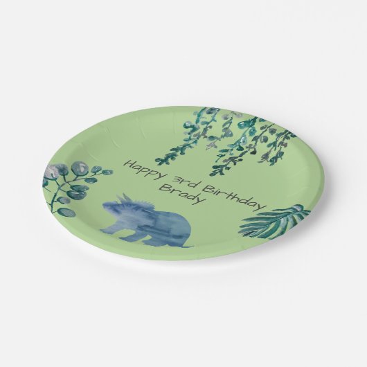 Assiettes En Carton Dinosaure Party Triceratops Vert (Angle)