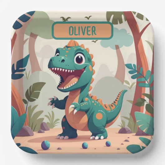 Assiettes En Carton Dinosaure Personnalisé Mignon (Recto)