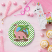 Assiettes En Carton Dinosaure Rose, Dino; Grandes Vertes Et Blanches (Fête)
