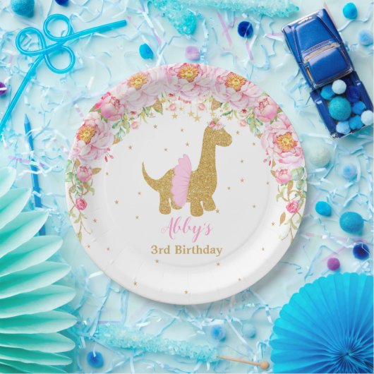 Assiettes En Carton Dinosaure rose floral fête d'anniversaire Brachios (Fête)