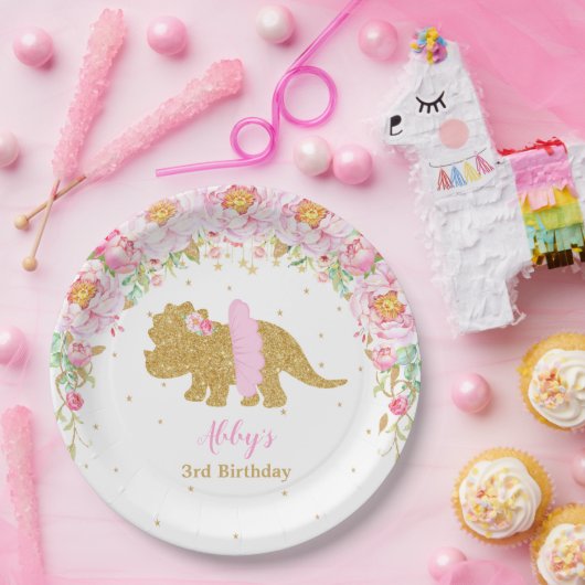 Assiettes En Carton Dinosaure rose floral Tricératops (Fête)