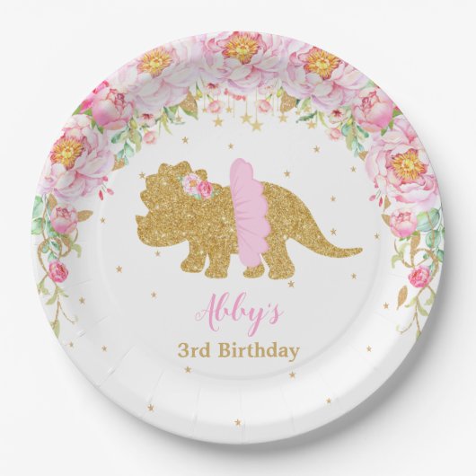 Assiettes En Carton Dinosaure rose floral Tricératops (Devant)