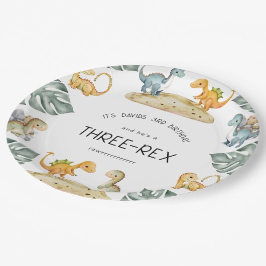Assiettes En Carton Dinosaure Troisième anniversaire Trois Rex Party (Angle)