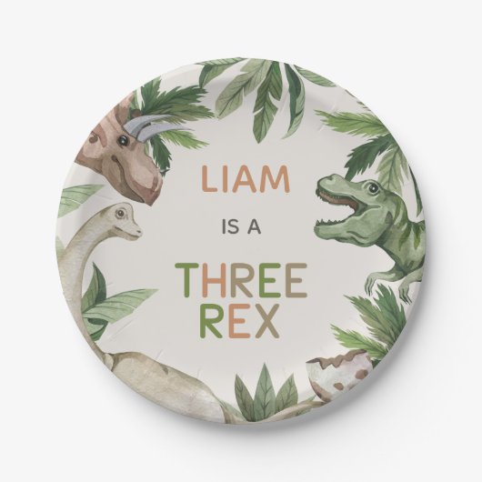 Assiettes En Carton Dinosaure vert rustique Trois Rex 3e anniversaire (Devant)
