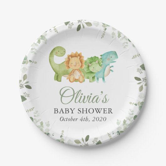 Assiettes En Carton Dinosaures mignons, T-Rex, Jurassique, Baby shower (Devant)