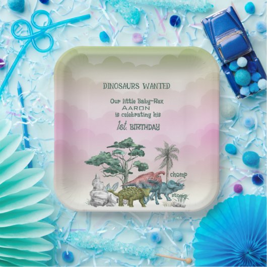 Assiettes En Carton Dinosaures Premier anniversaire du bébé Recherché (Fête)