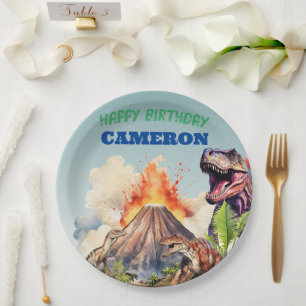 Assiettes En Carton Dinosaures Réalistes et Volcan Nom Personnalisé