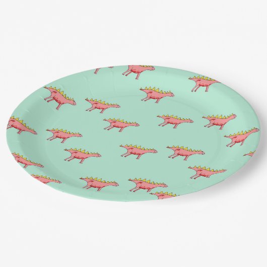 Assiettes En Carton dinosaures roses motif sur bleu pâle (Angle)