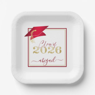 Assiettes En Carton Diplômé 2026 Faux Métal Rouge Or Script