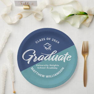 Assiettes En Carton Diplôme Bleu Gras Rétro Script Casquette Icône Min