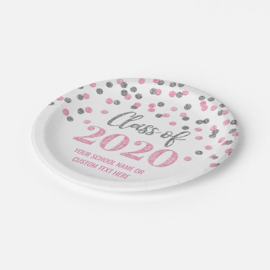 Assiettes En Carton Diplôme Confetti d'Argent rose 2020 (Angle)