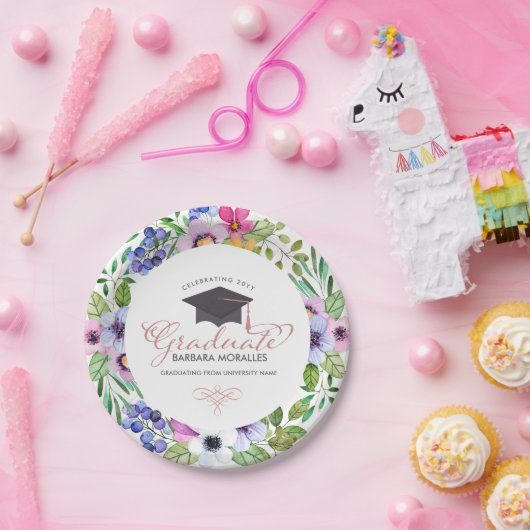 Assiettes En Carton Diplômé en typographie moderne - Boho Flowers Fram (Fête)