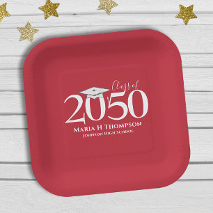 Assiettes En Carton Diplôme Simple Minimaliste Rouge Année de Promotio