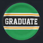 Assiettes En Carton DIPLÔMÉE Bright Green Black Yellow Racing Stripes<br><div class="desc">Cette conception sportive et sportive présente un texte GRADUATE en gras à l'intérieur d'une large bande noire surlignée avec deux bandes de course blanches et jaunes contre des bandes extérieures vertes. Le texte de cette conception peut être personnalisé.</div>