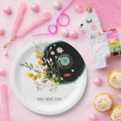 Assiettes En Carton Disque vinyle,  Oldies Musique rustique, fleurs, (Fête)