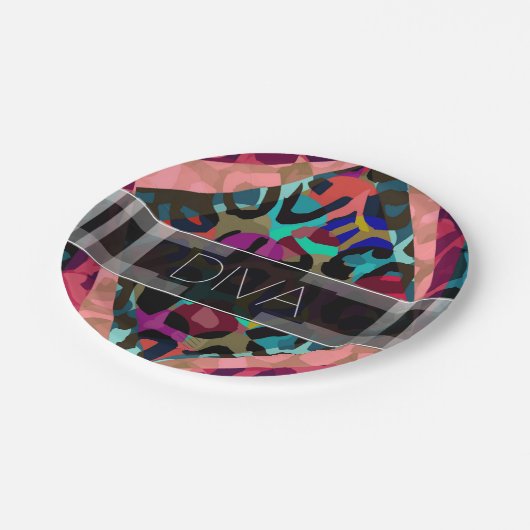 Assiettes En Carton Diva de guépard d'arc-en-ciel (Angle)