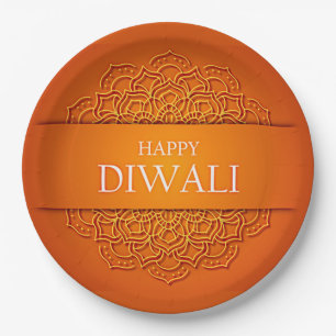 Assiettes En Carton Diwali Elegant Moderne Orange Jaune Mandala 9"