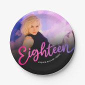 Assiettes En Carton Dix-huit 18e anniversaire photo violet rose noir (Devant)