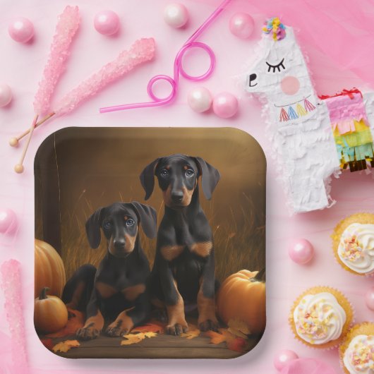 Assiettes En Carton Doberman Chiot Automne Citrouille de plaisir (Fête)