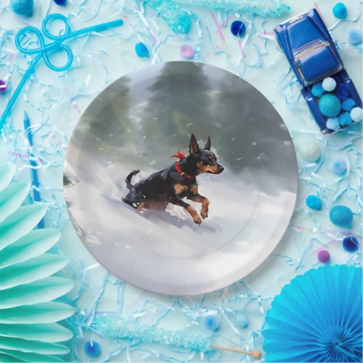 Assiettes En Carton Doberman Pinscher neige de Noël hiver (Fête)