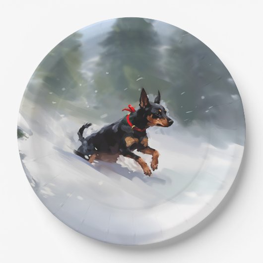 Assiettes En Carton Doberman Pinscher neige de Noël hiver (Devant)