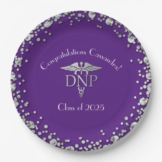 Assiettes En Carton Docteur en soins infirmiers Graduation Purple Silv (Devant)
