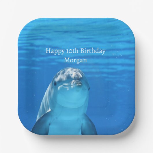 Assiettes En Carton Dolphin Blue Ocean Joyeux Anniversaire Nom Age (Recto)