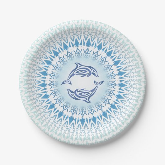 Assiettes En Carton Dolphins Mandala Bleu Blanc Nautique (Devant)