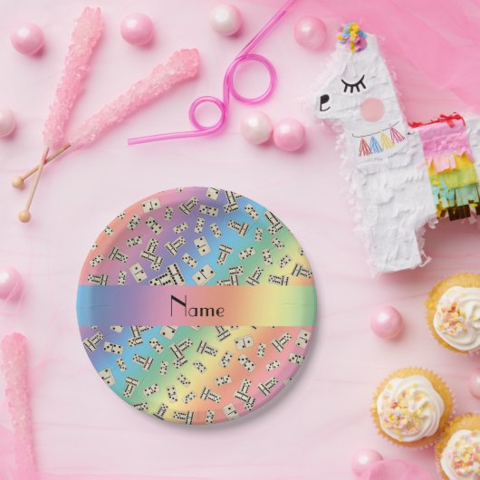 Assiettes En Carton Dominos nommés personnalisés d'arc-en-ciel (Fête)