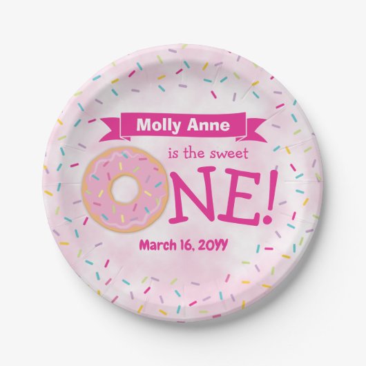 Assiettes En Carton Donut 1er Anniversaire Fille Arc-en-ciel arrosées (Devant)