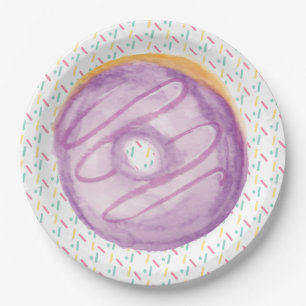 Assiettes En Carton Donut givré à l'aquarelle violette et paillettes