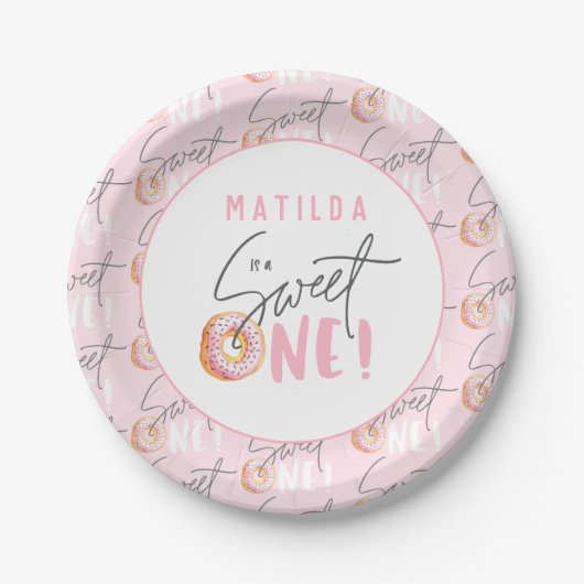 Assiettes En Carton Donut sucré un rose 1er anniversaire fête (Devant)