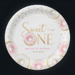 Assiettes En Carton Donuts d'or rose doux un 1er anniversaire<br><div class="desc">L'or rose blanc beignets sucré une fête d'anniversaire assiettes en papier. Design tendance et agréable avec beignets rose et blanc. Fonctionne police de script de typographie. Idéal pour une célébration féminine stylisée des premières filles anniversaires.</div>