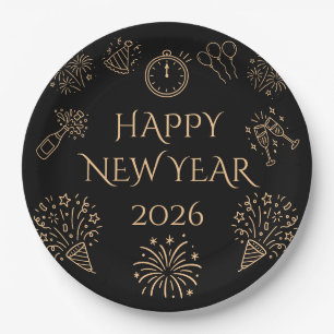 Assiettes En Carton Doodle Fantaisiste Noir Or Bonne Année 2026